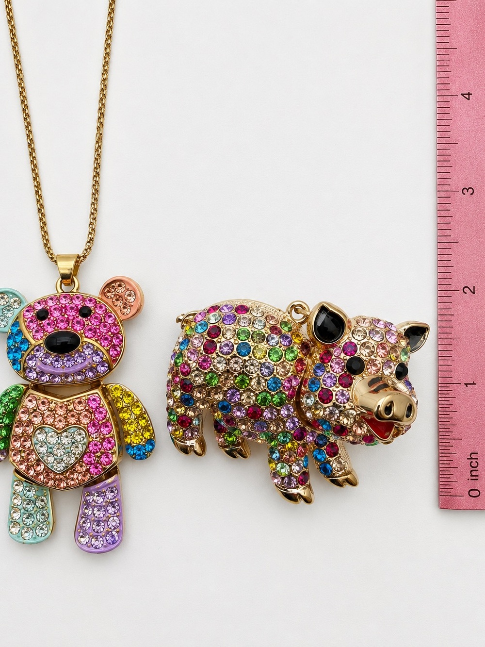 Betsey Johnson Crystal Rainbow Bear & Gold Pig Necklace Set Vintage